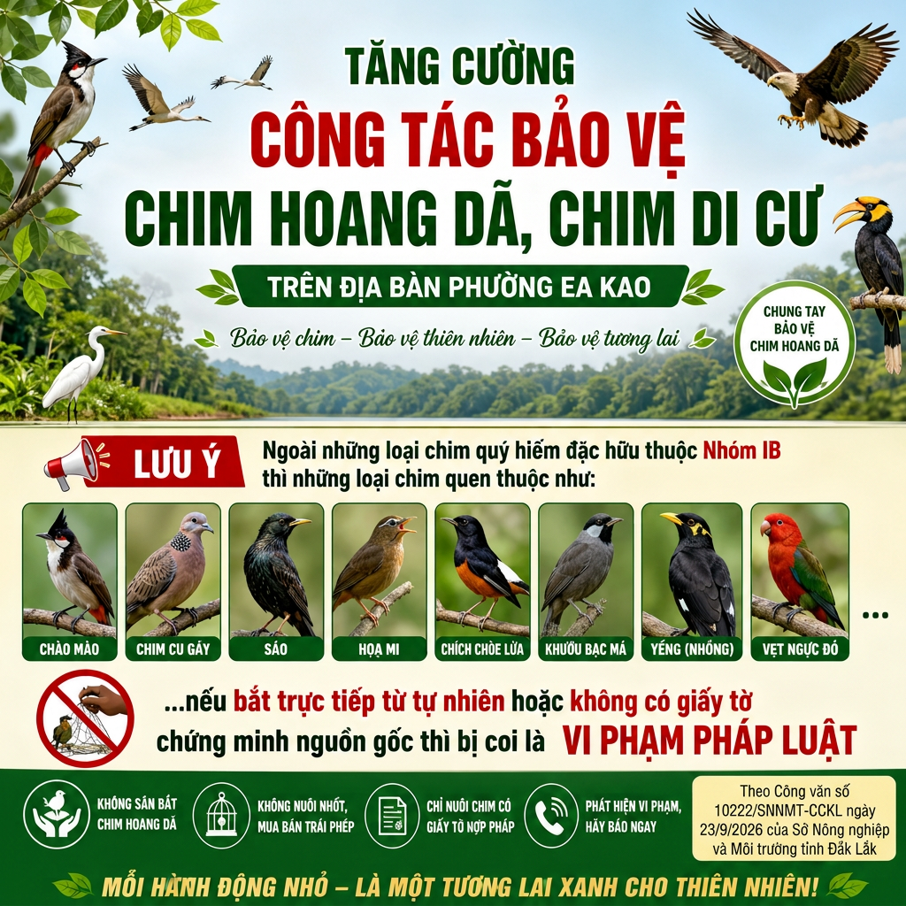 TĂNG CƯỜNG CÔNG TÁC BẢO VỆ CHIM HOANG DÃ, CHIM DI CƯ TRÊN ĐỊA BÀN PHƯỜNG EA KAO