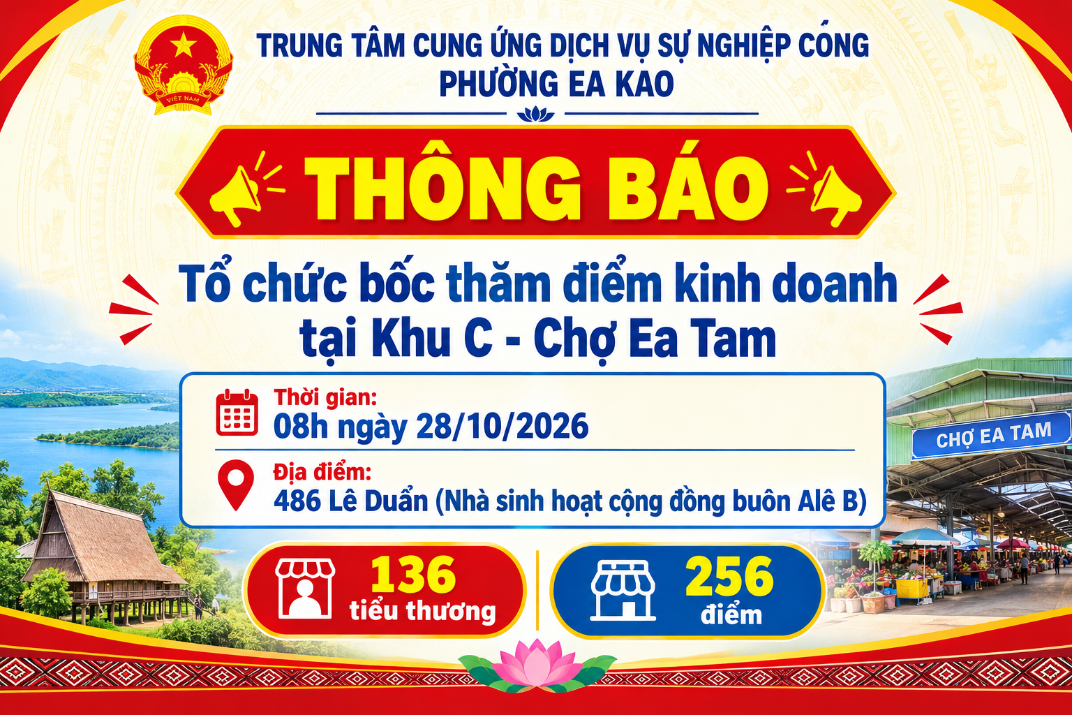 THÔNG BÁO TỔ CHỨC BỐC THĂM ĐIỂM KINH DOANH TẠI KHU C - CHỢ EA TAM